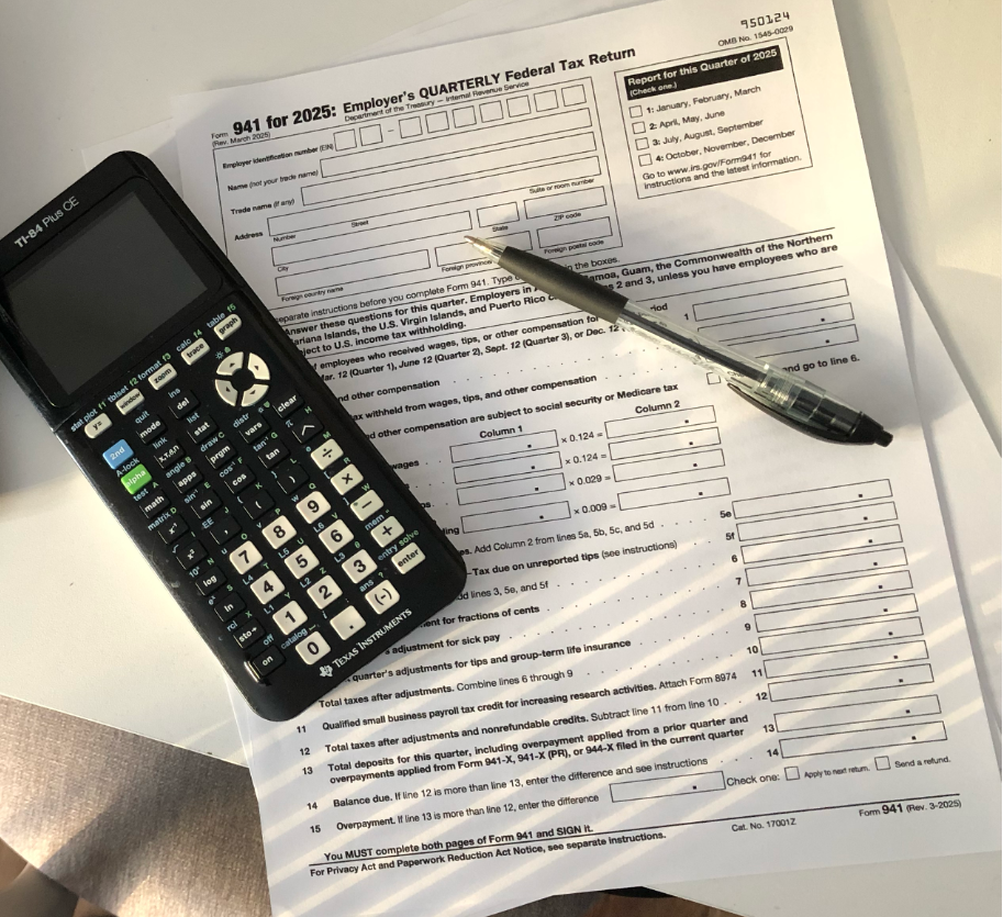IRS Form 941 with calculator and pen illustrating the Preventive Care Benefit Plan for businesses